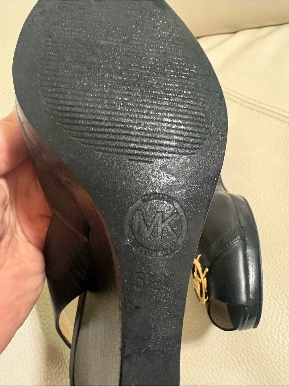 Michael Kors Black Leather Slingback Peep-Toe Heels with Gold MK Logo Size 5.5